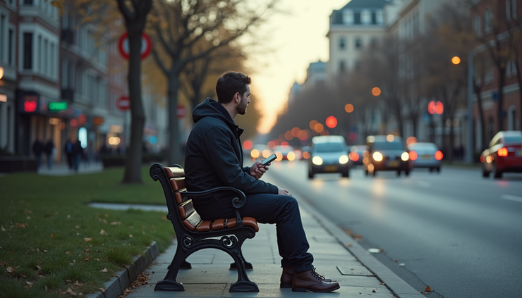 Eye-level view of a person sitting alone on a park bench looking at a busy city street