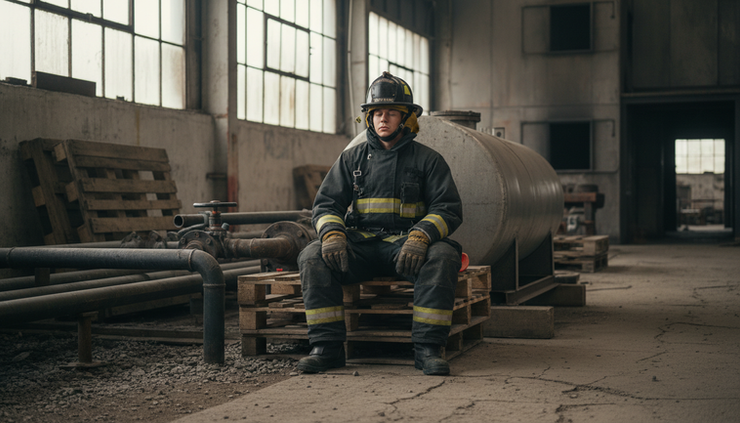 Eye-level view of a firefighter practicing controlled breathing beside training gear
