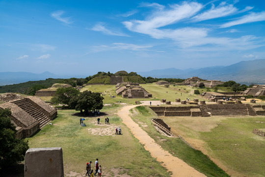 View of Monte Alban archaeological site including pyramids and open space