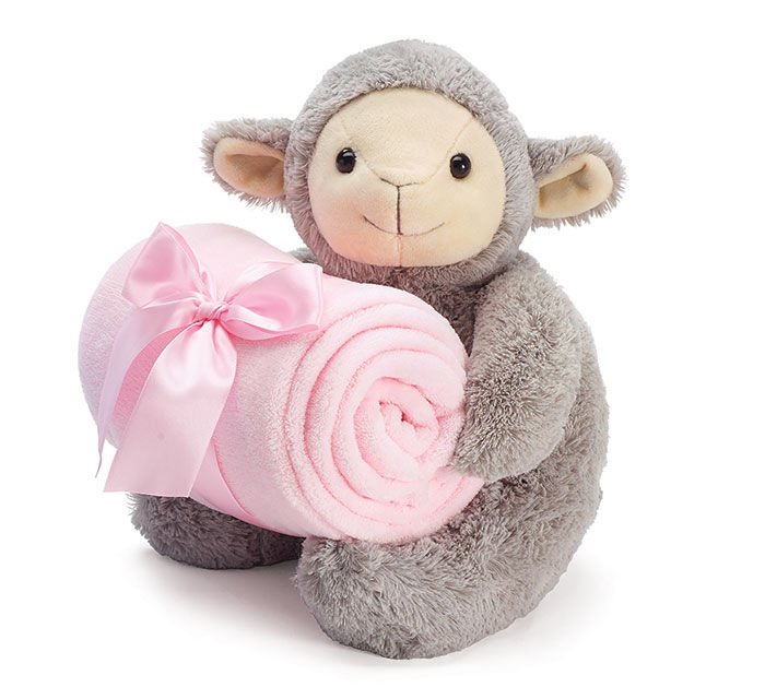 Thumbnail: Plush Gray Lamb w/Blue OR Pink Blanket