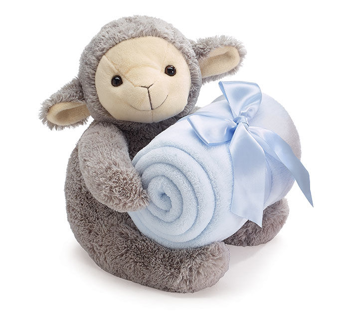 Plush Gray Lamb w/Blue OR Pink Blanket