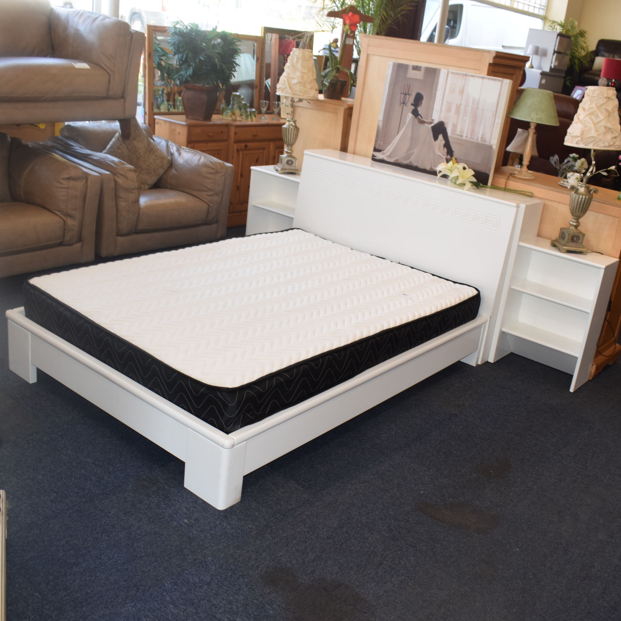 Double Mattress Bed Frame with Ottoman Headboard and 2 Bedside Tables