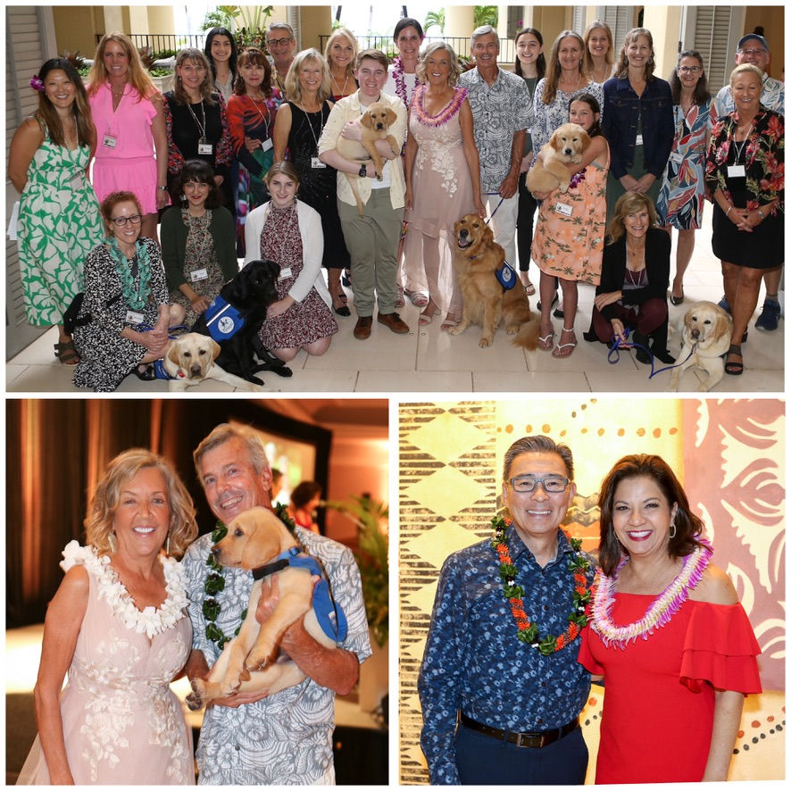 Collage of photos with people dressed up with leis at the event.