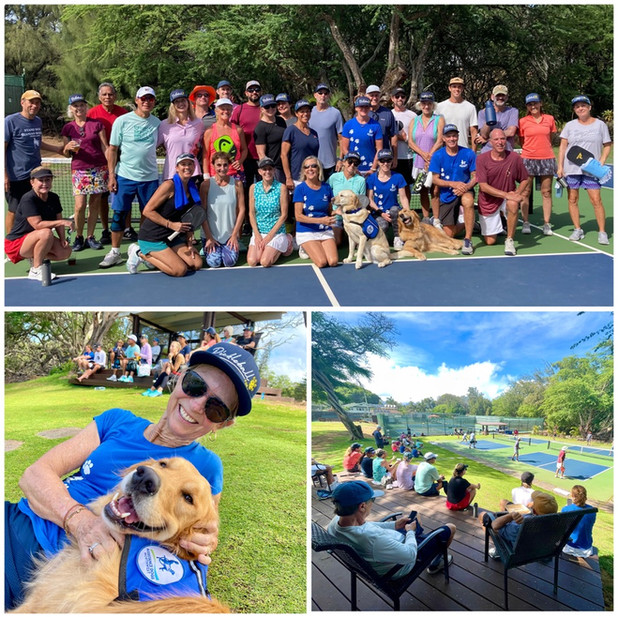 Woman lays next to a golden retriever on the grass smiling at the camera. Group of people at the tournament smiling for a photo.