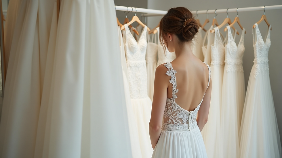 Close-up view of bride trying on a minimalist wedding dress in a boutique