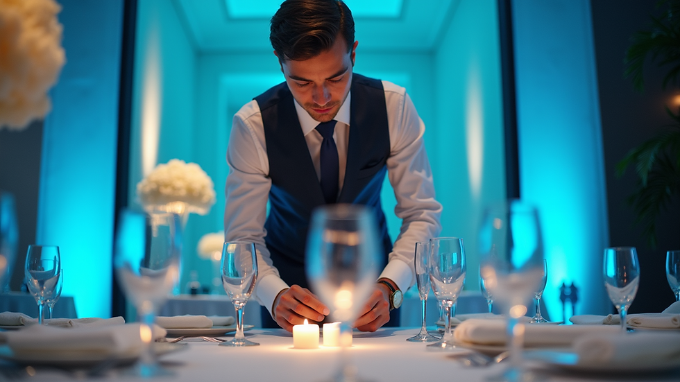Eye-level view of a well-dressed event staff member arranging table settings