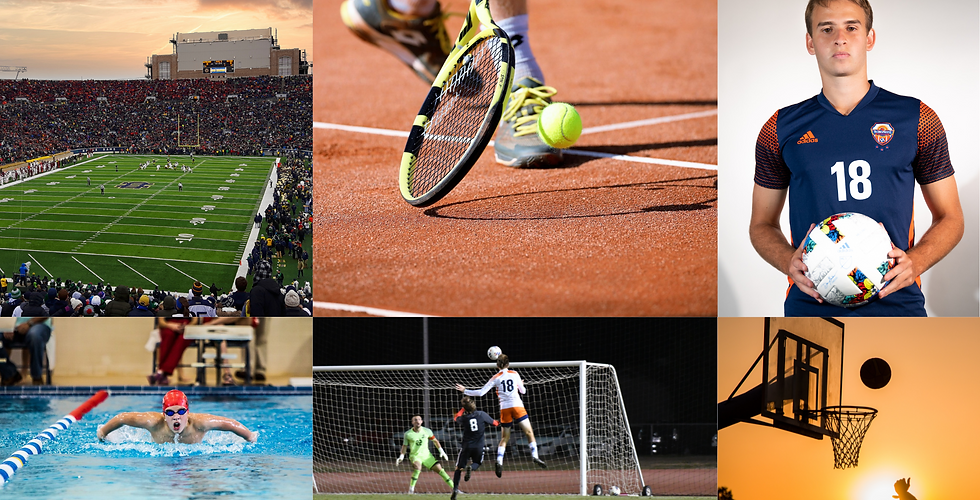 montagem focada em tênis, basquete, natação e futebol universitário nos estados unidos