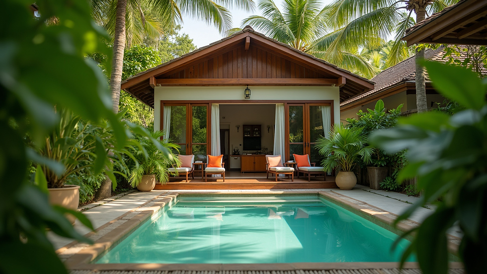 Eye-level view of a cozy vacation home surrounded by tropical plants
