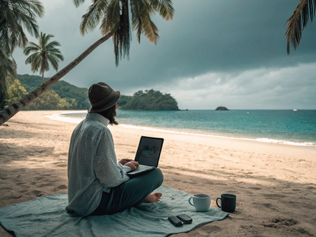 Remote worker using laptop at a tropical Costa Rica beach location - digital nomad lifestyle in Guanacaste