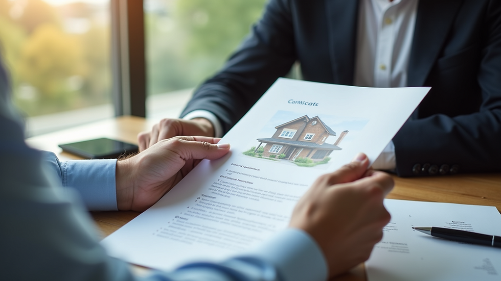 Close-up view of a real estate agent showing property documents to a buyer