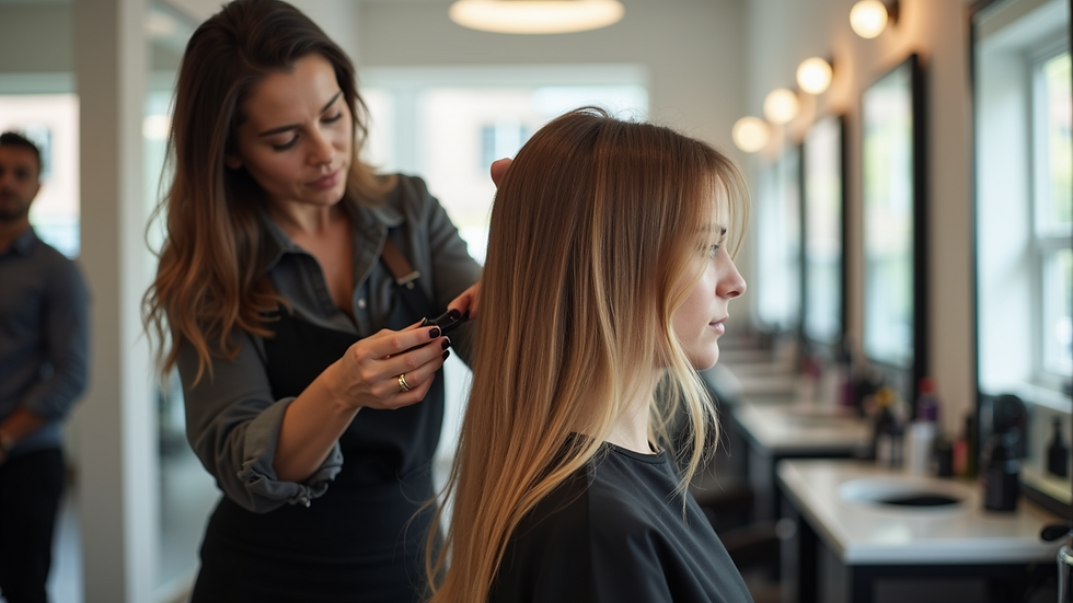 Eye-level view of a stylist applying balayage highlights to medium-length hair in a bright salon