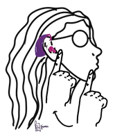 Outline of girl with wavy hair, glasses, and purple hearing aids signing the word Deaf