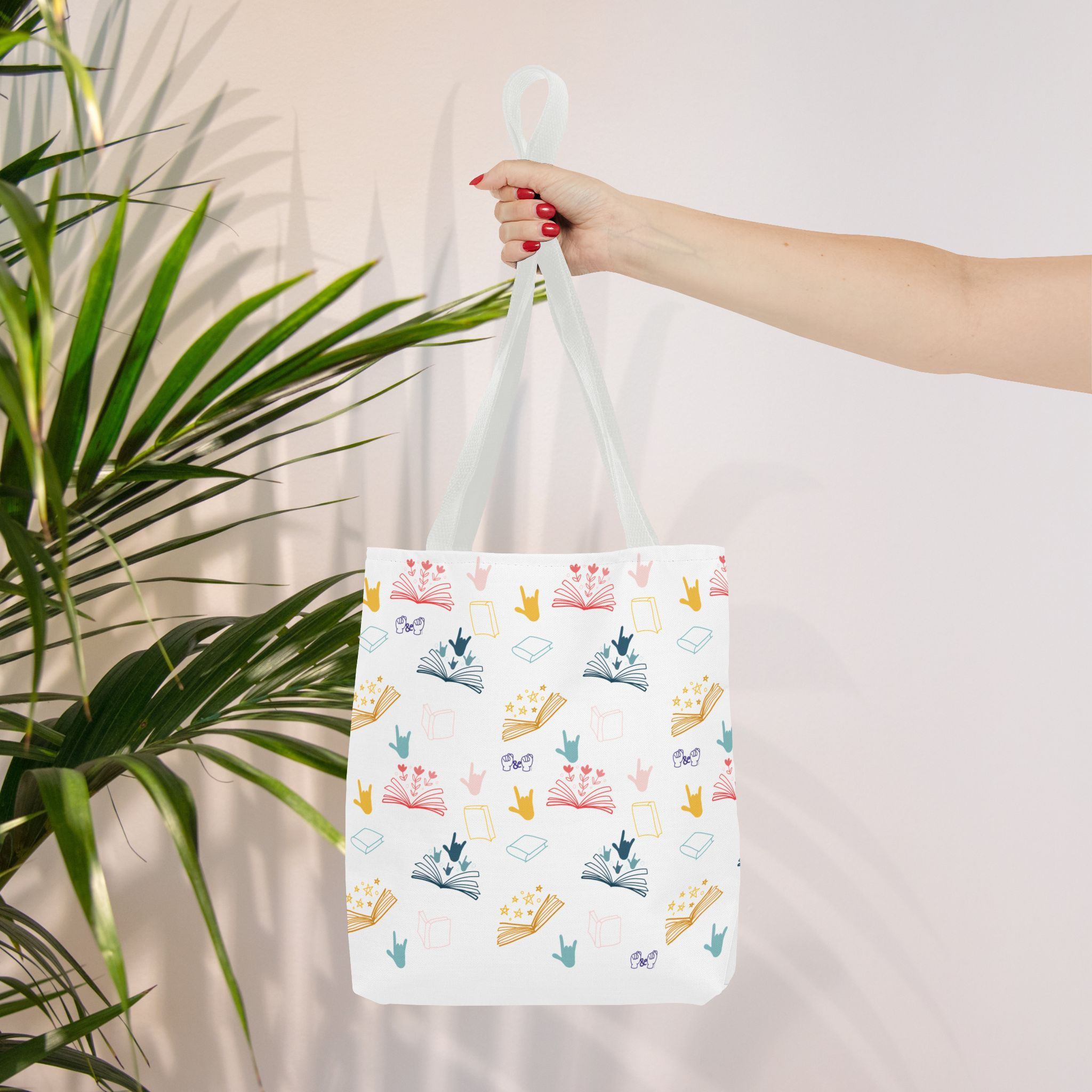 ASL "I Love You" with Books, Flowers, Stars Pattern | Tote Bag