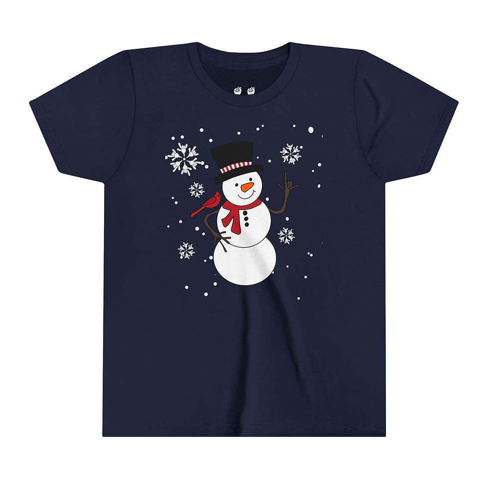 Thumbnail: Snowman with ASL "I Love You" and Cardinal | Snowflakes | Youth Short Sleeve Tee