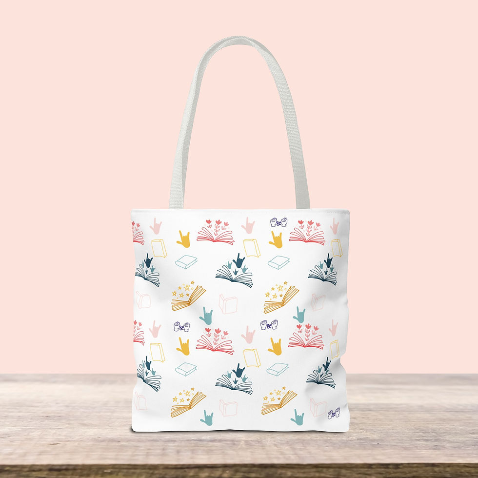 Thumbnail: ASL "I Love You" with Books, Flowers, Stars Pattern | Tote Bag