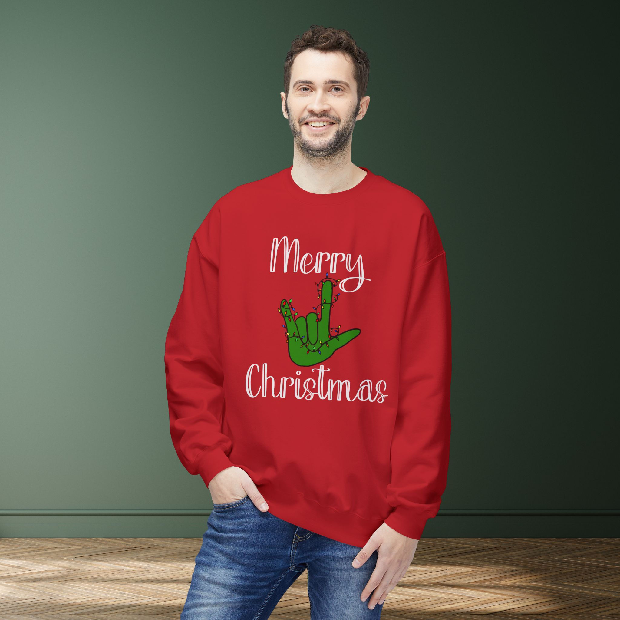 Merry Christmas ASL "I Love You" in Green with Lights | Unisex Sweatshirt