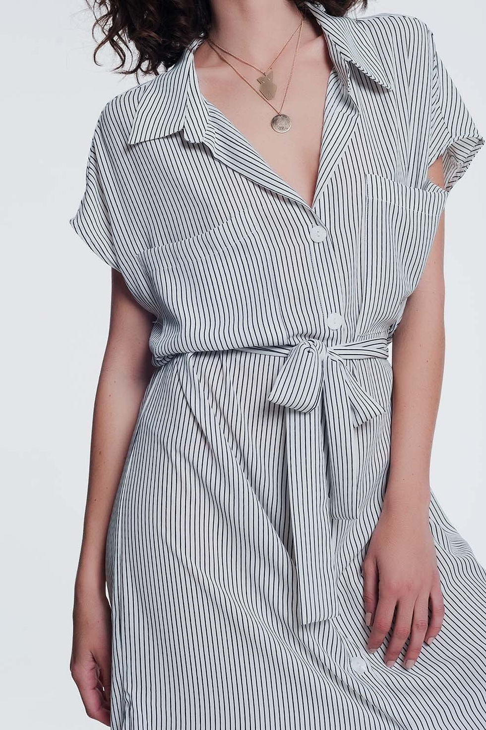 Miniatura: Stripe Cream Belted Shirt Dress