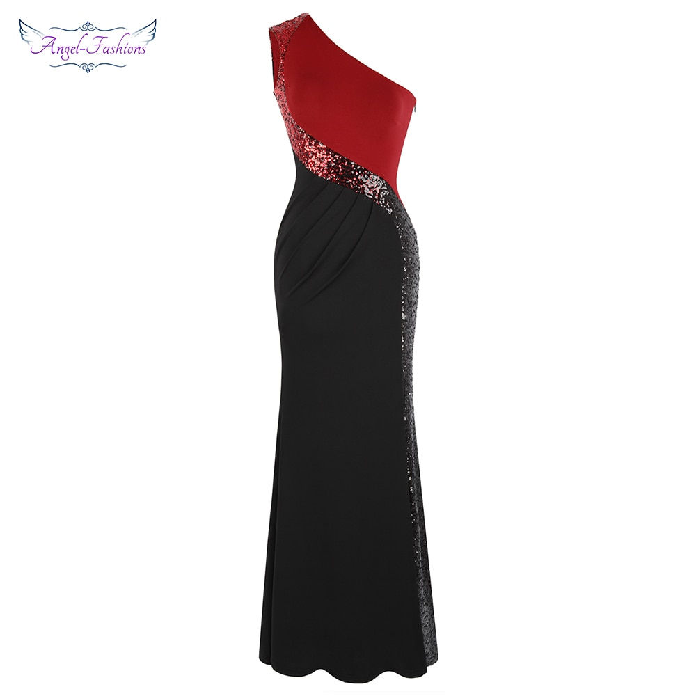 Splicing Gradient Sequin Evening Dress Slit Formal Party Pleated Black Red 446