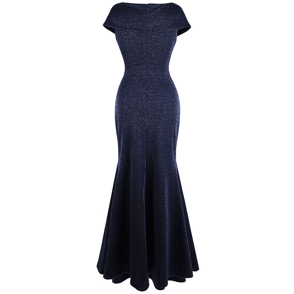 Miniatura: v Neck Cap Sleeves Pleated Shiny Long Mermaid Elegant Women Navy Blue 481