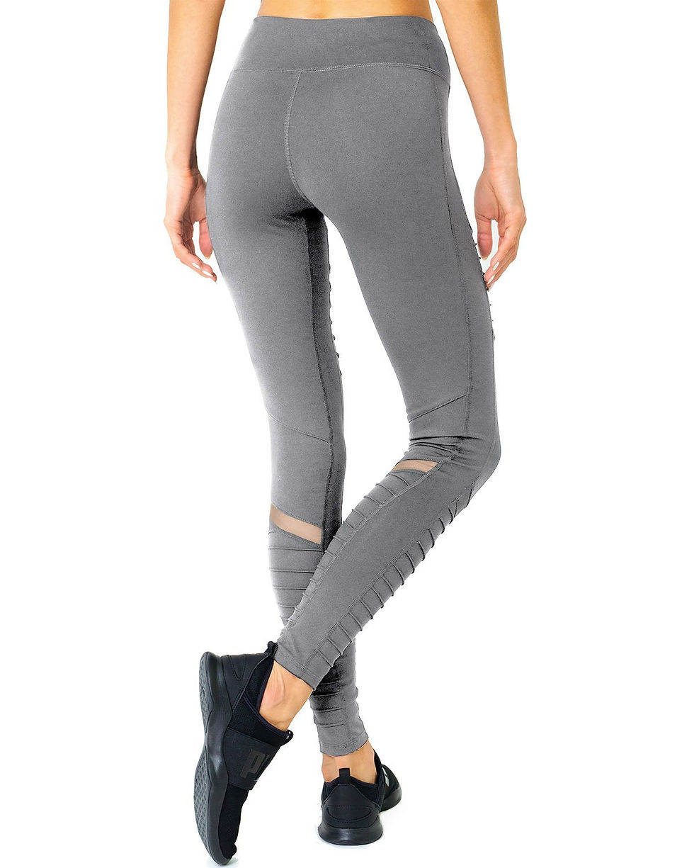 Thumbnail: Athletique Low-Waisted Ribbed Leggings With Hidden Pocket and Mesh Panels - Grey