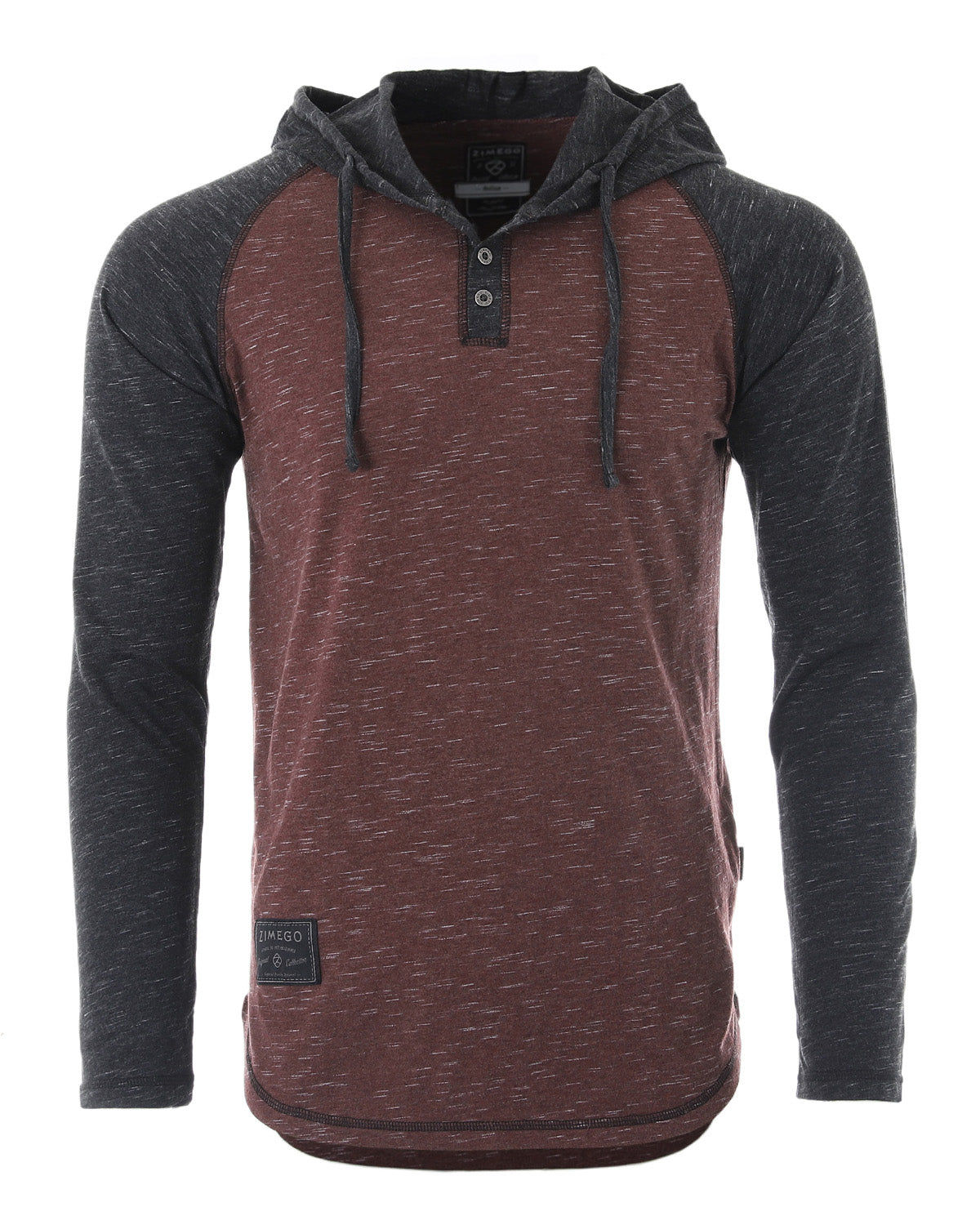 ZIMEGO Long Sleeve Raglan Henley Round Bottom Hood T-Shirts - MAROON / BLACK