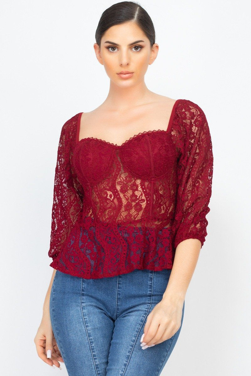 Thumbnail: Cute Lace Peplum Top (Wine)