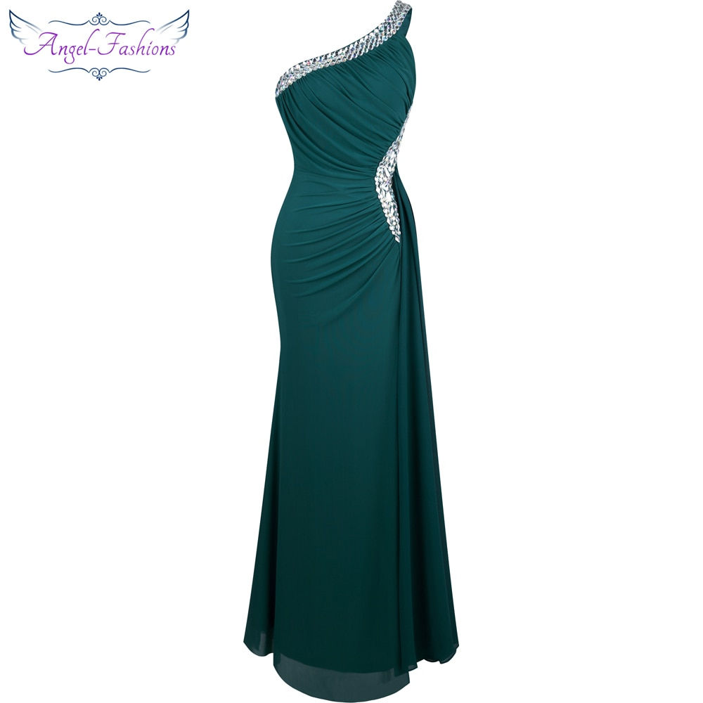 Beading One Shoulder Silt Pleat Draped Evening Dress411 Green