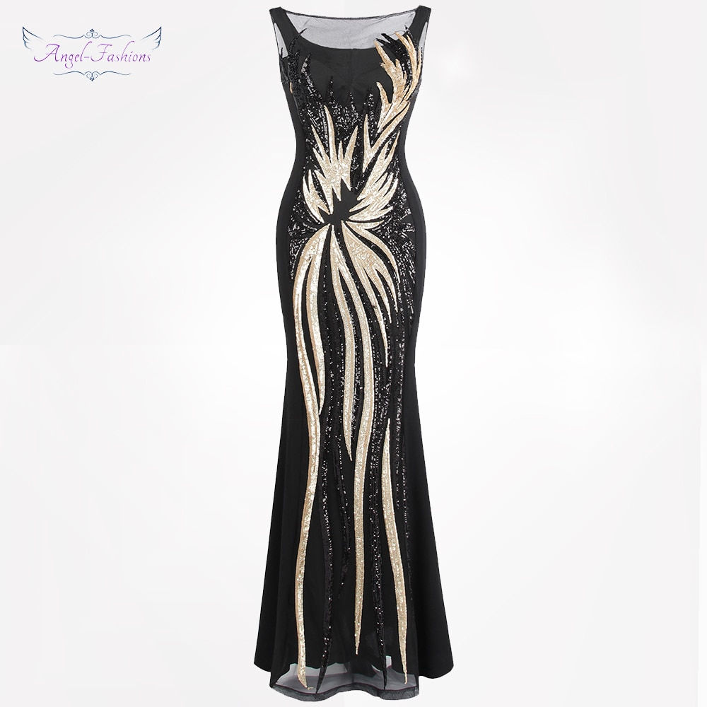 Sheer Evening Dresses Round Neck Vintage Sequin Splicing Dress Gold 403