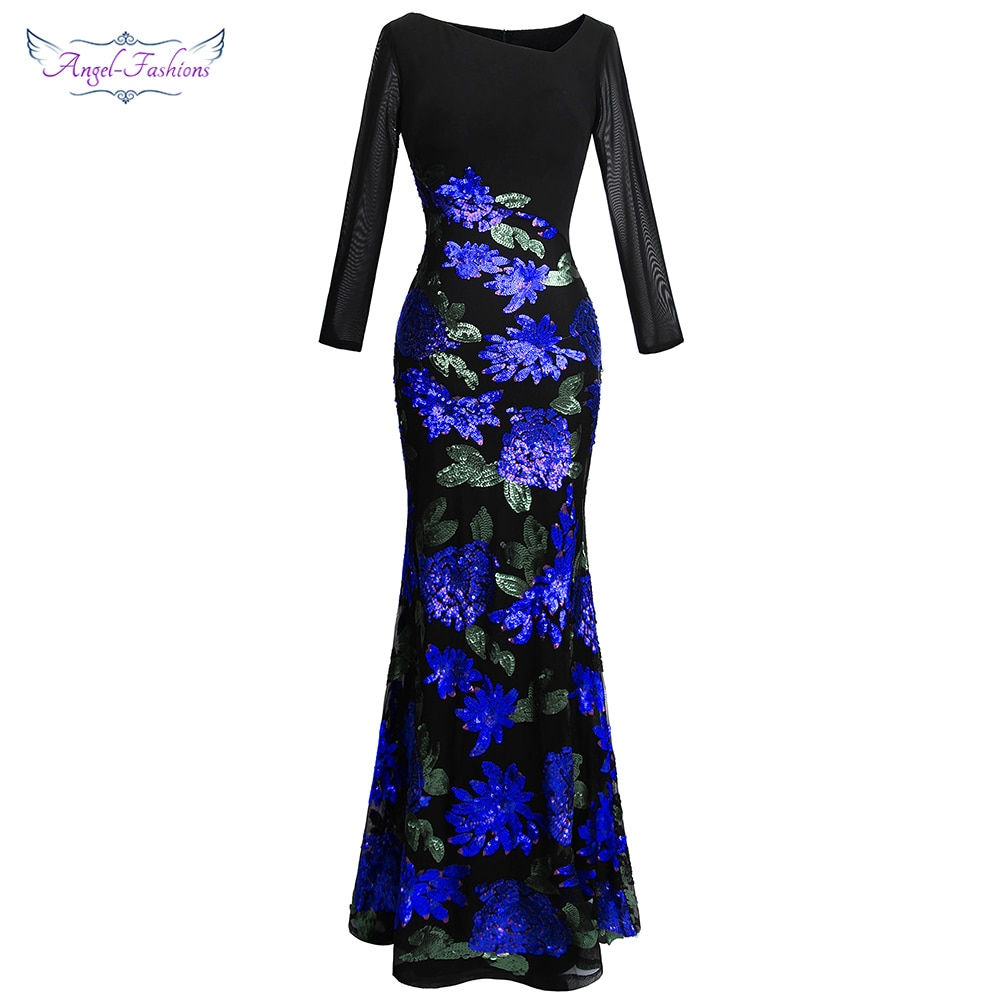 Women's Long Sleeve Pattern Blue Flower Sequin Beading Evening Dress 396