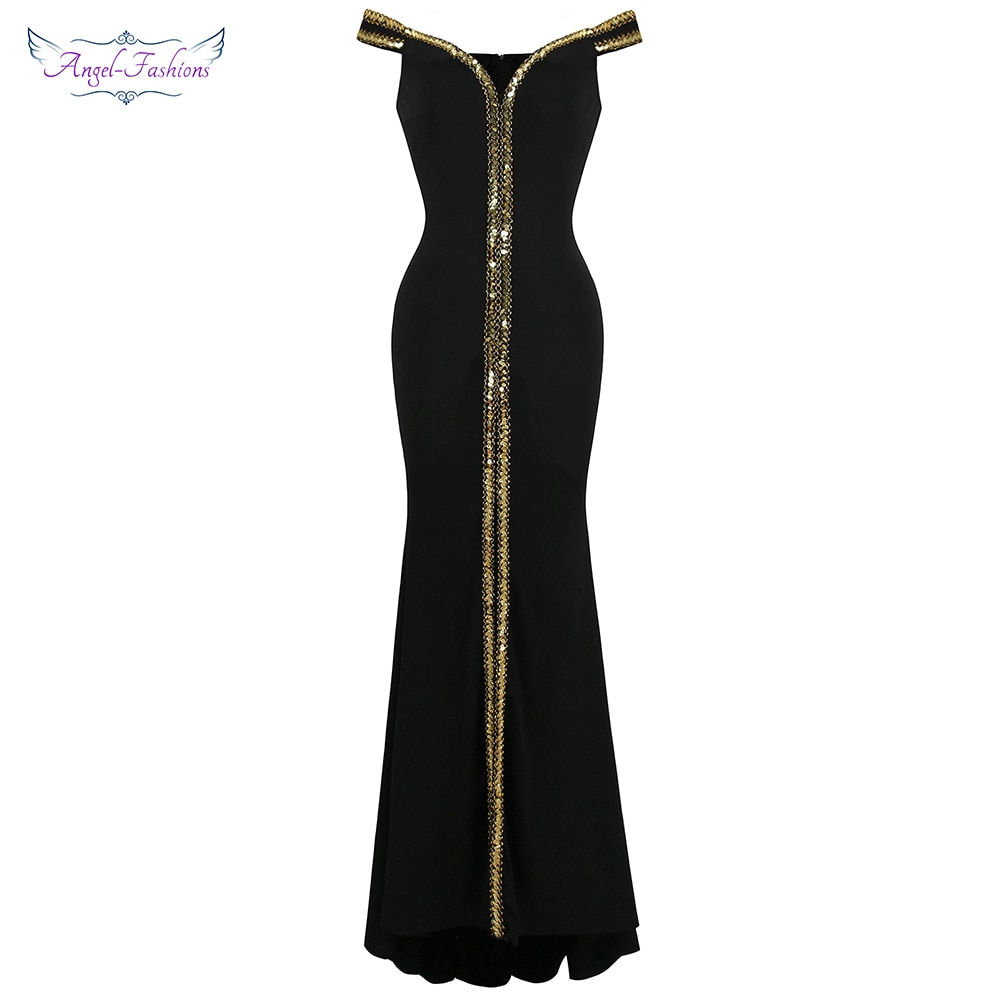 Women's Boat Neck Formal Black Dress Gold Sequin Slit Evening Dress Long 398