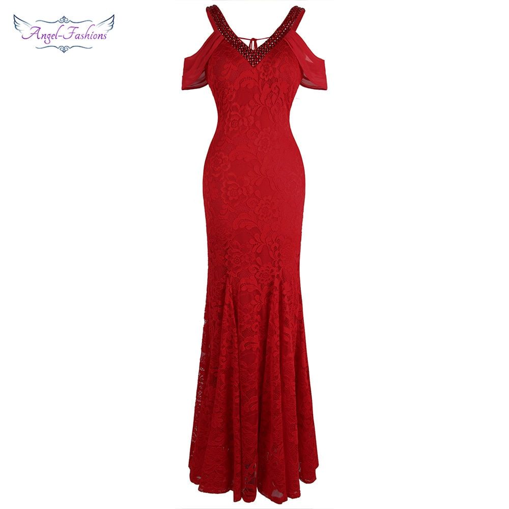 Women's Off Shoulder v Neck Lace Evening Dresses Long Red 477
