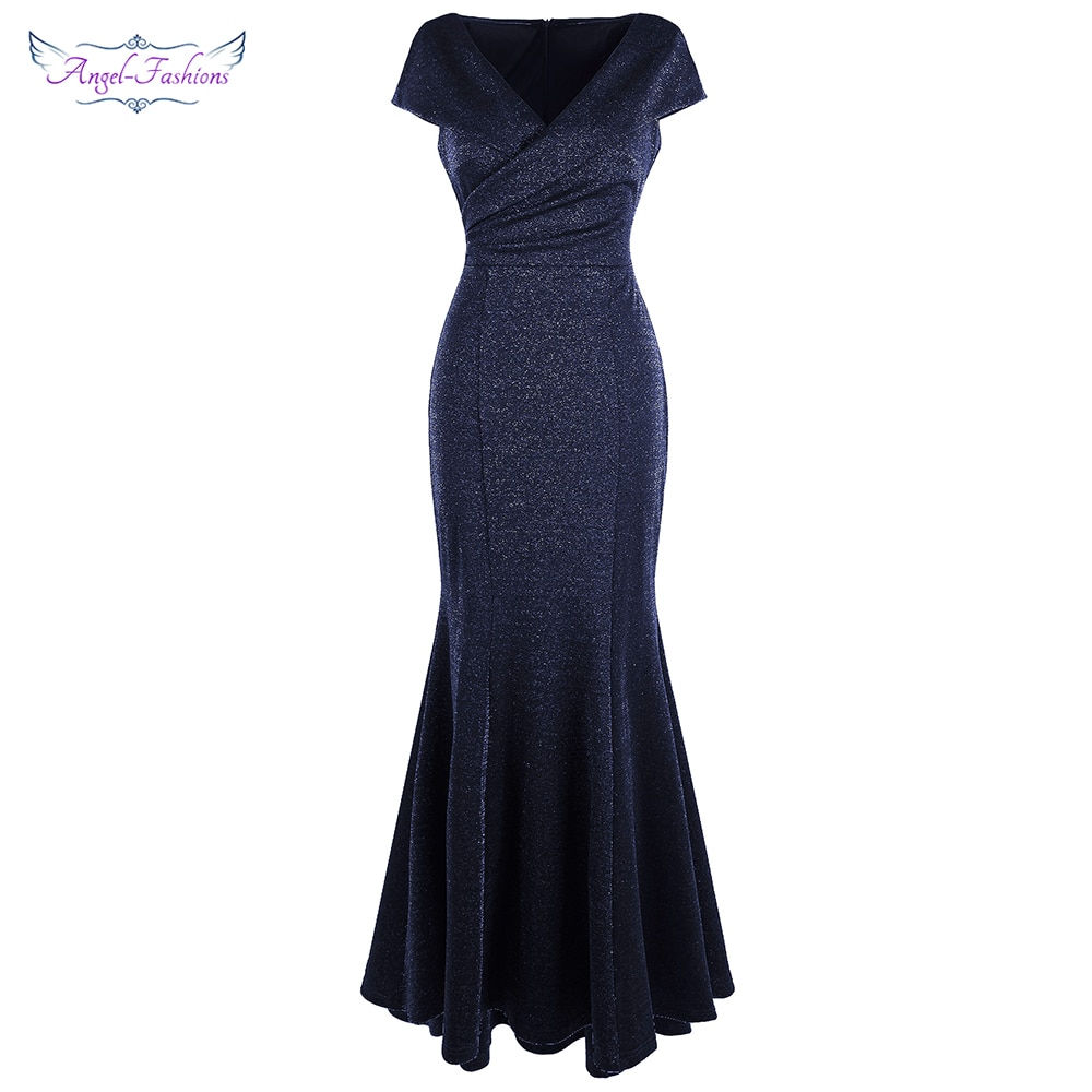 v Neck Cap Sleeves Pleated Shiny Long Mermaid Elegant Women Navy Blue 481