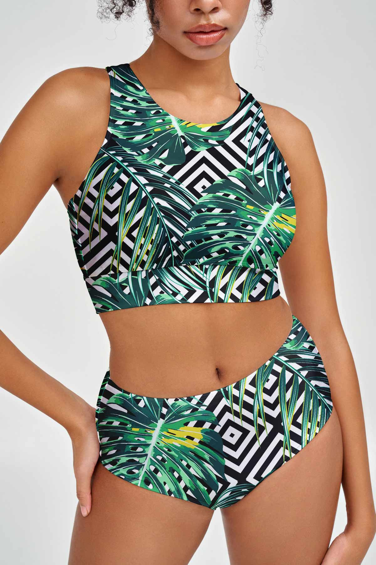 Palm Beach Carly Green Tropical High Neck Crop Bikini Top - Women