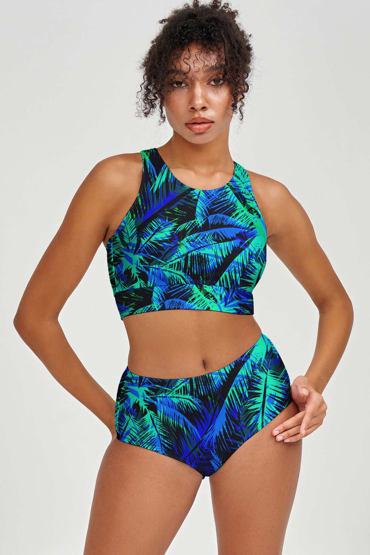 Electric Jungle Carly Navy Green High Neck Crop Bikini Top - Women
