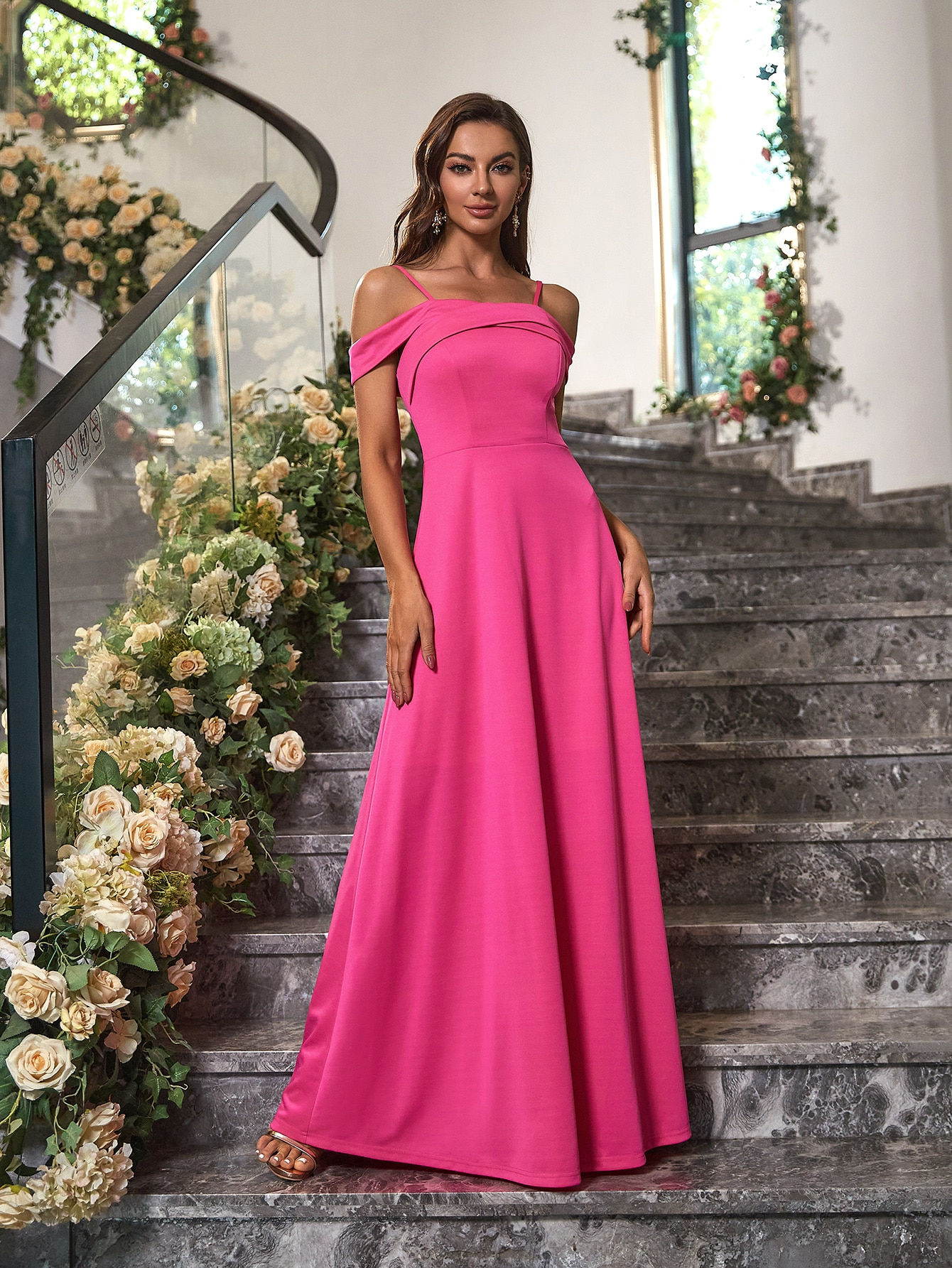 Women's Spaghetti Strap Off Shoulder Across Wrap A-Line Elegant Long Evening