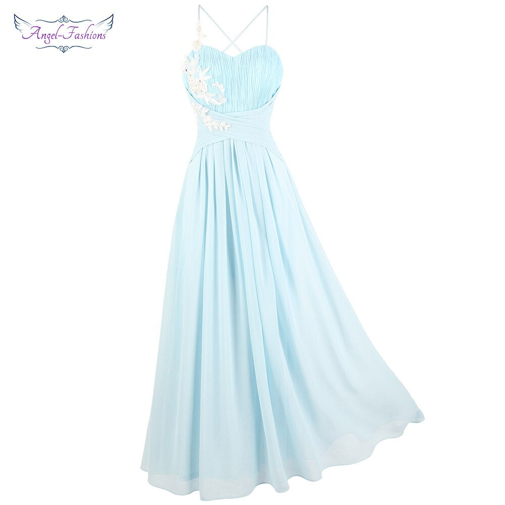 Spaghetti Strap Pleated Appliques Evening Dress Chiffon Lace Up Light Blue 447