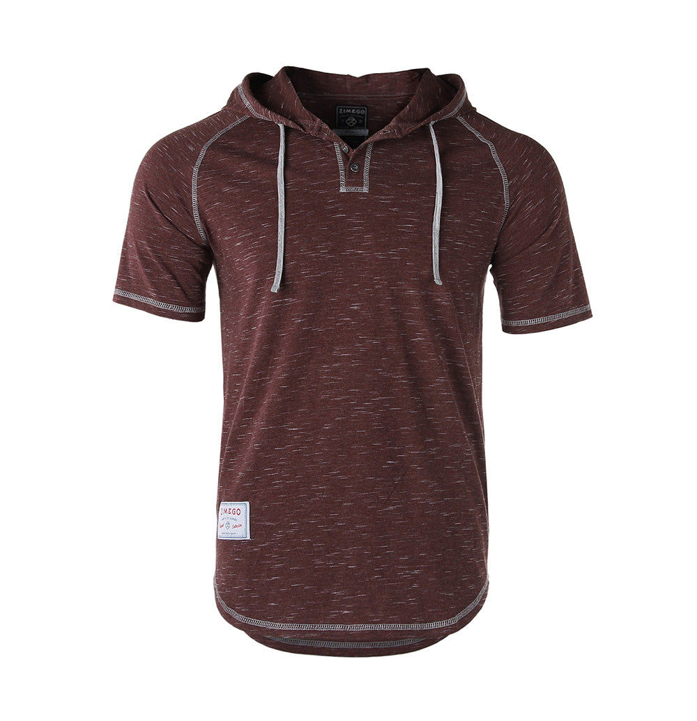 ZIMEGO Short Sleeve Raglan Henley Hoodie Round Bottom Semi Longline T-Shirt