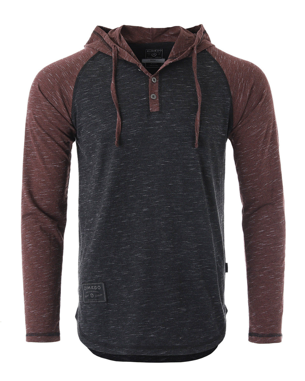 ZIMEGO Long Sleeve Raglan Henley Round Bottom Hood T-Shirts - BLACK / MAROON