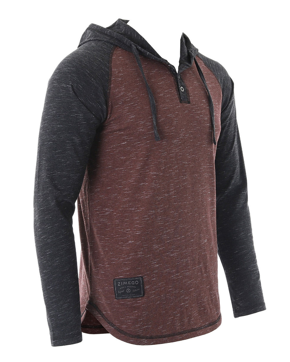 Thumbnail: ZIMEGO Long Sleeve Raglan Henley Round Bottom Hood T-Shirts - MAROON / BLACK
