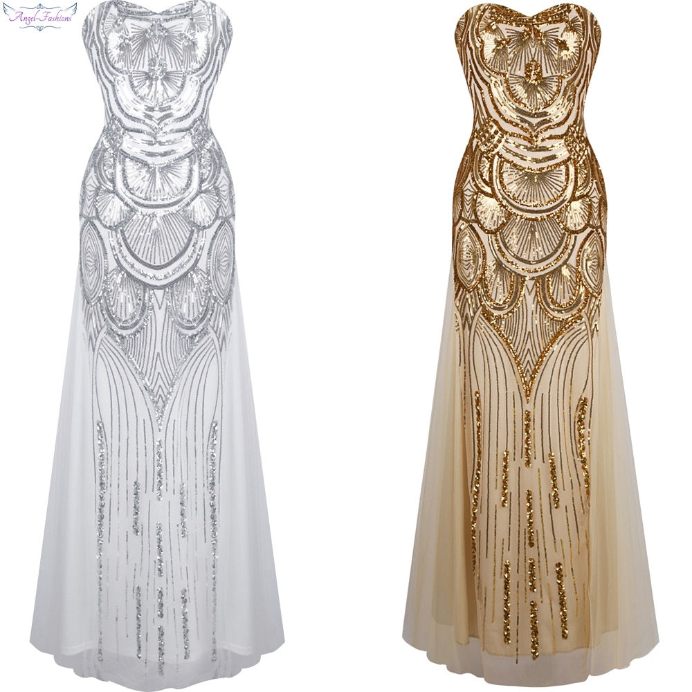 Strapless Sequined A-Line Tulle Lace Up Long Evening Dresses Golden Silver 186