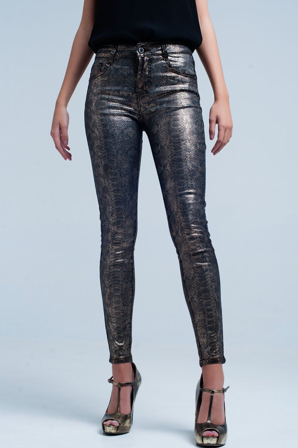 Gold Skinny Pants in Snake Print