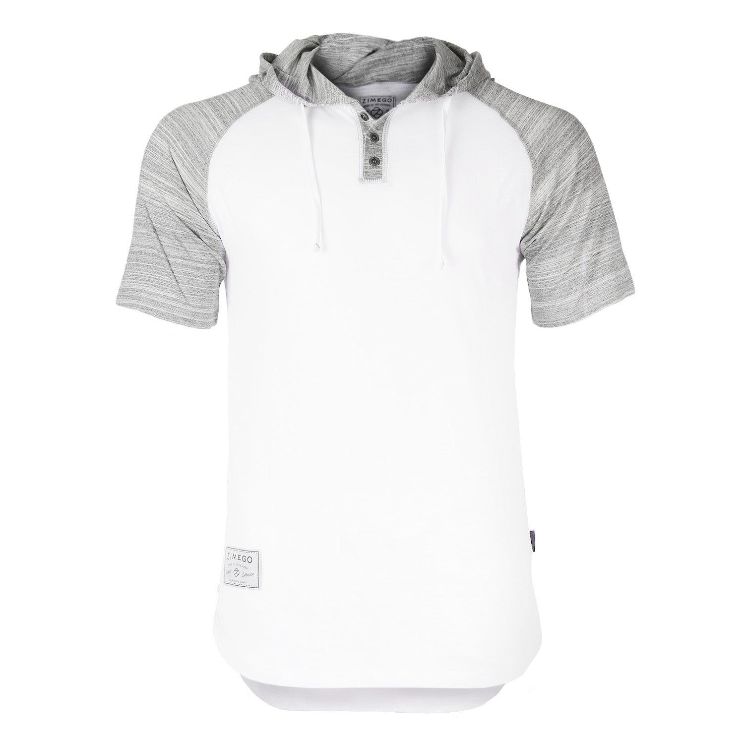 Zimego Short Sleeve Raglan Henley Hoodie Round Bottom Semi Longline T-Shirt