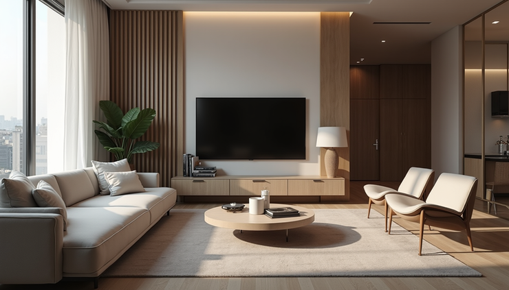 Eye-level view of a cluttered living room filled with new gadgets and luxury items
