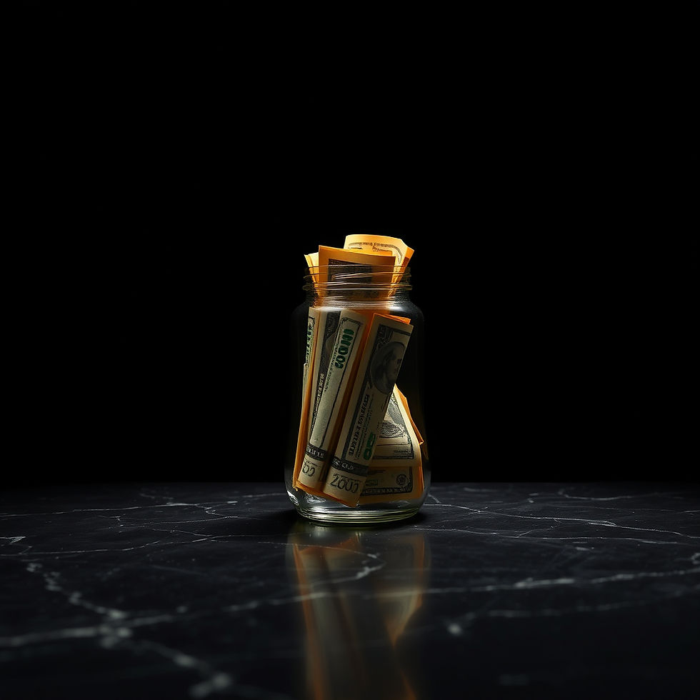 Glass jar packed with folded US dollar bills on a dark marble surface against a black background.