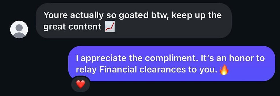 Testimonial message praising great content and financial clearances.