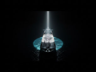Cargo ship under a spotlight in dark sea, with glowing blue water around it; dramatic, isolated nighttime scene