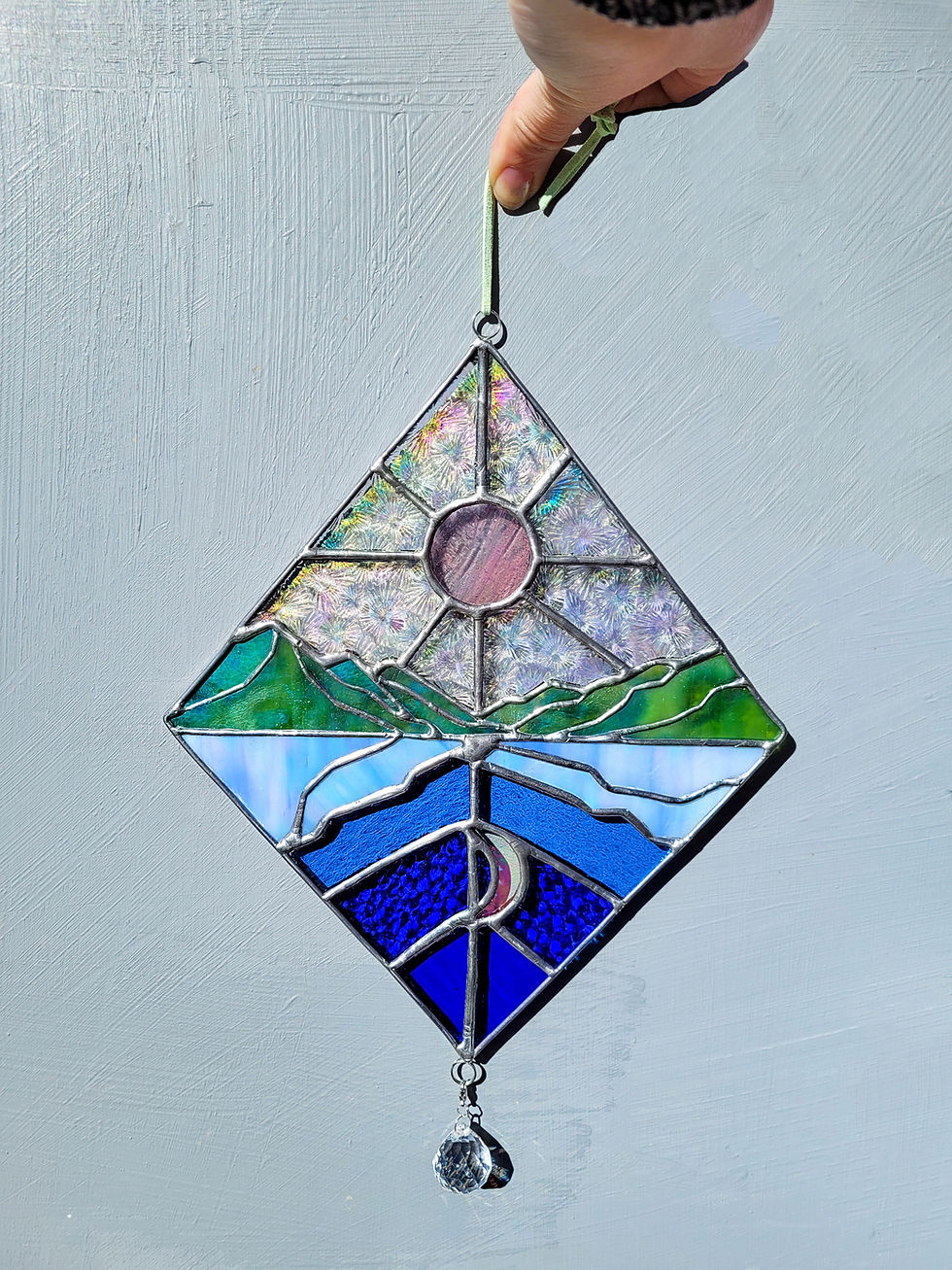 Thumbnail: Stained Glass Suncatcher Mountain Lake Sun Moon Rainbow Charm