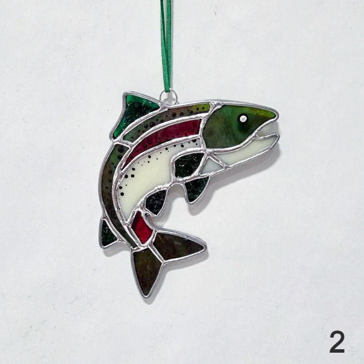 Small stained glass rainbow trout suncatcher in mixed colorful glass, handmade