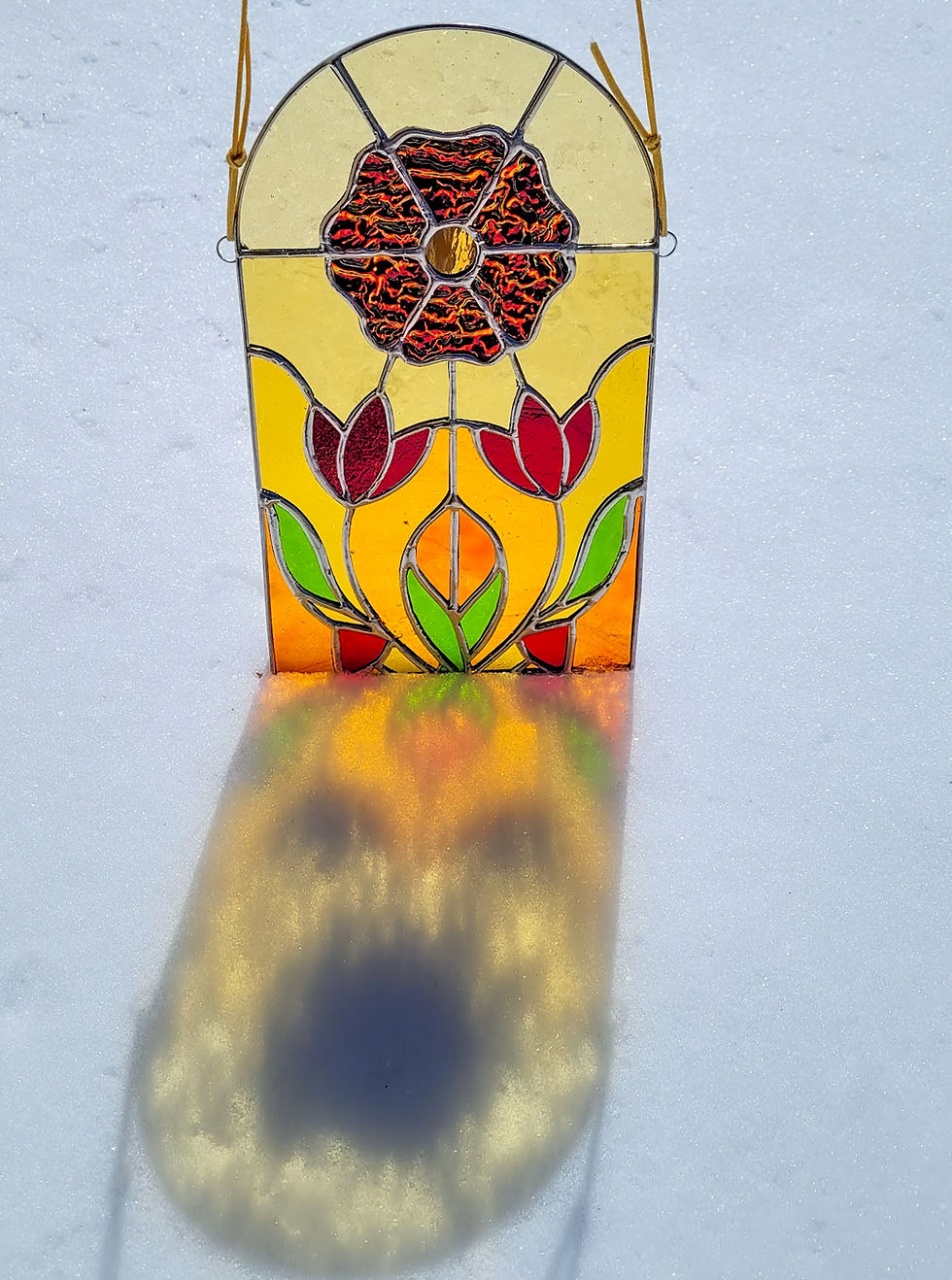 Stained Glass Suncatcher Yellow Ombre Red Flowers Dicro Glass