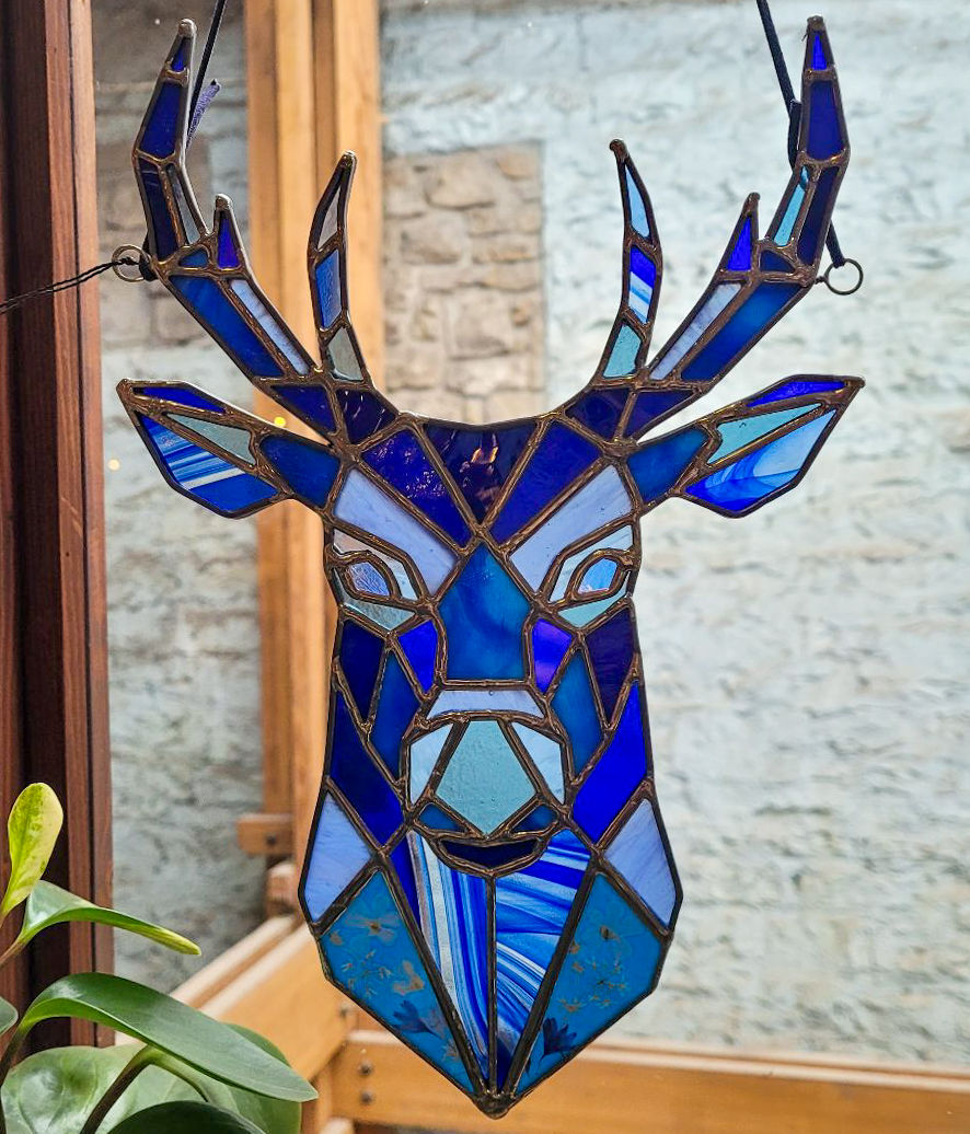 Thumbnail: Stained Glass Deer Head Buck Antlers Geometric Modern Pressed Flowers